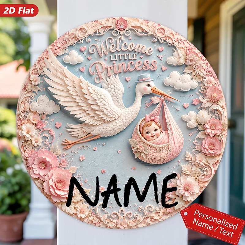 TEMU 2d Flat, 1pc Text Custom Little Princess Round Metal Sign Wall Art, Flying , Pink Rose Frame, Pastel Clouds, Custom Name, Home Decor, Room