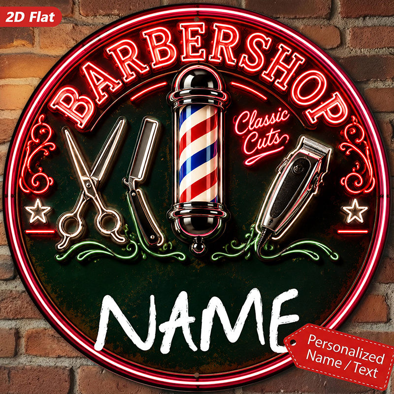 TEMU 2d Flat, 1pc Retro Barber Shop Neon Sign - Custom Name/text Round Wall Decor Suitable For Indoor/outdoor, Barber Pole Centerpiece, Scissors &