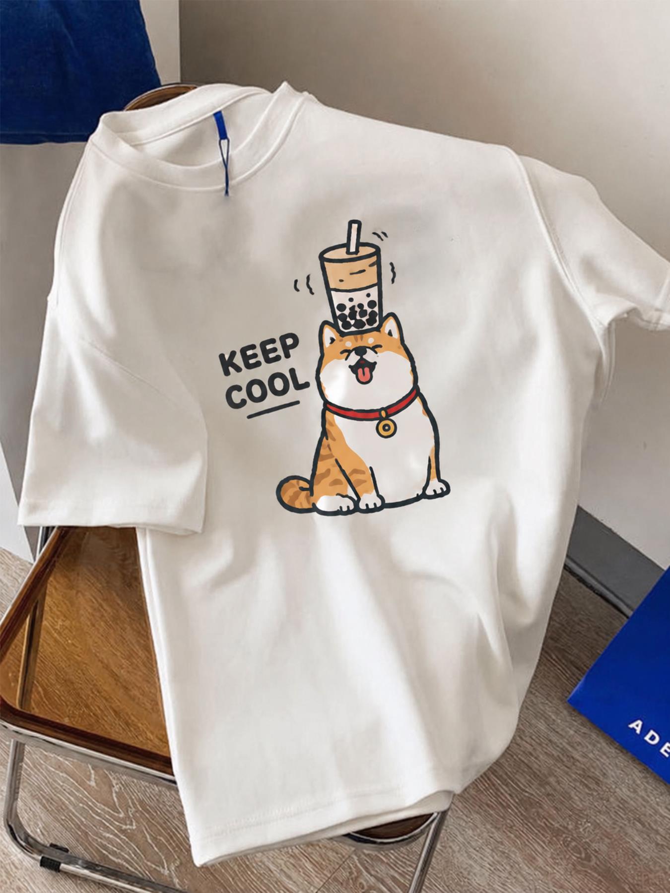 item picture men women pure cotton t shirt kitten print couple matching tees loose fit round neck short sleeve casual half sleeve compatible style suitable for   machine washable casual attire for