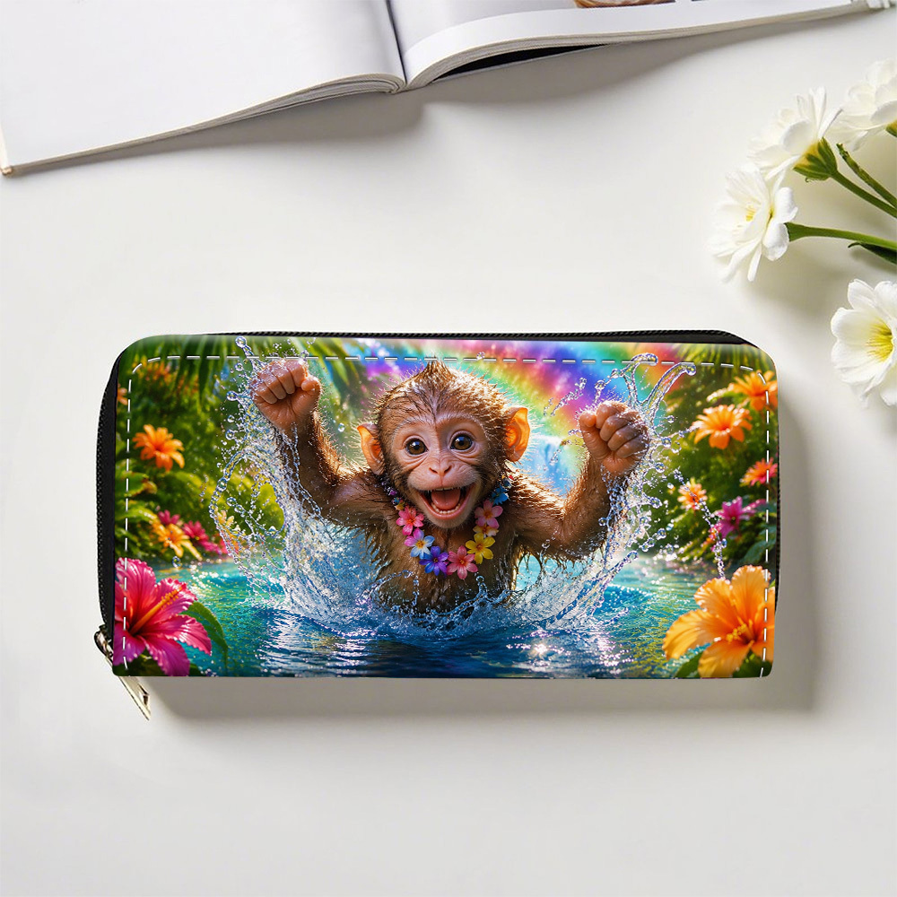 item picture 1  monkey 2d flat designed long wallet with zipper multifunctional purse with card holder card slots and   pouch fashionable double sided pattern purse wallet for women and men ideal for outdoor gift 2d flat