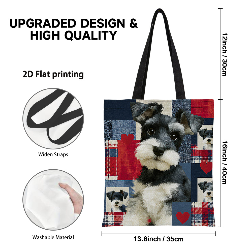 TEMU 1pc 2d Flat Printing Schnauzer Puppy With Red Hearts D764541 Pattern Shopping Bag, Stylish Shoulder Bag, Tote Bag, Shopping Bag, Suitable For
