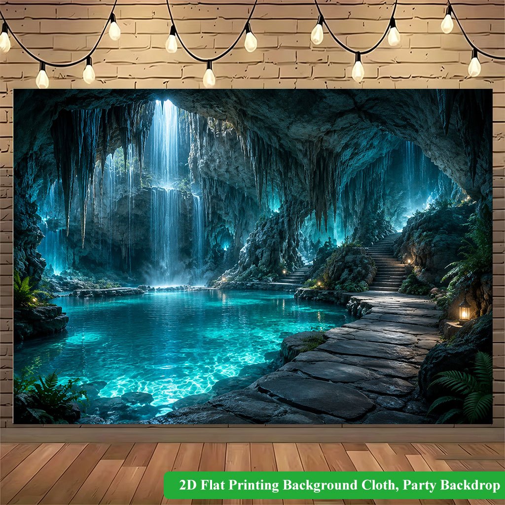 TEMU 2d Flat, 2d Flat - 2d Flat Printing Backdrop Banner 1pc, Mysterious Cave With Waterfall Lakes Background Cloth Banner, Wall Covering, Background