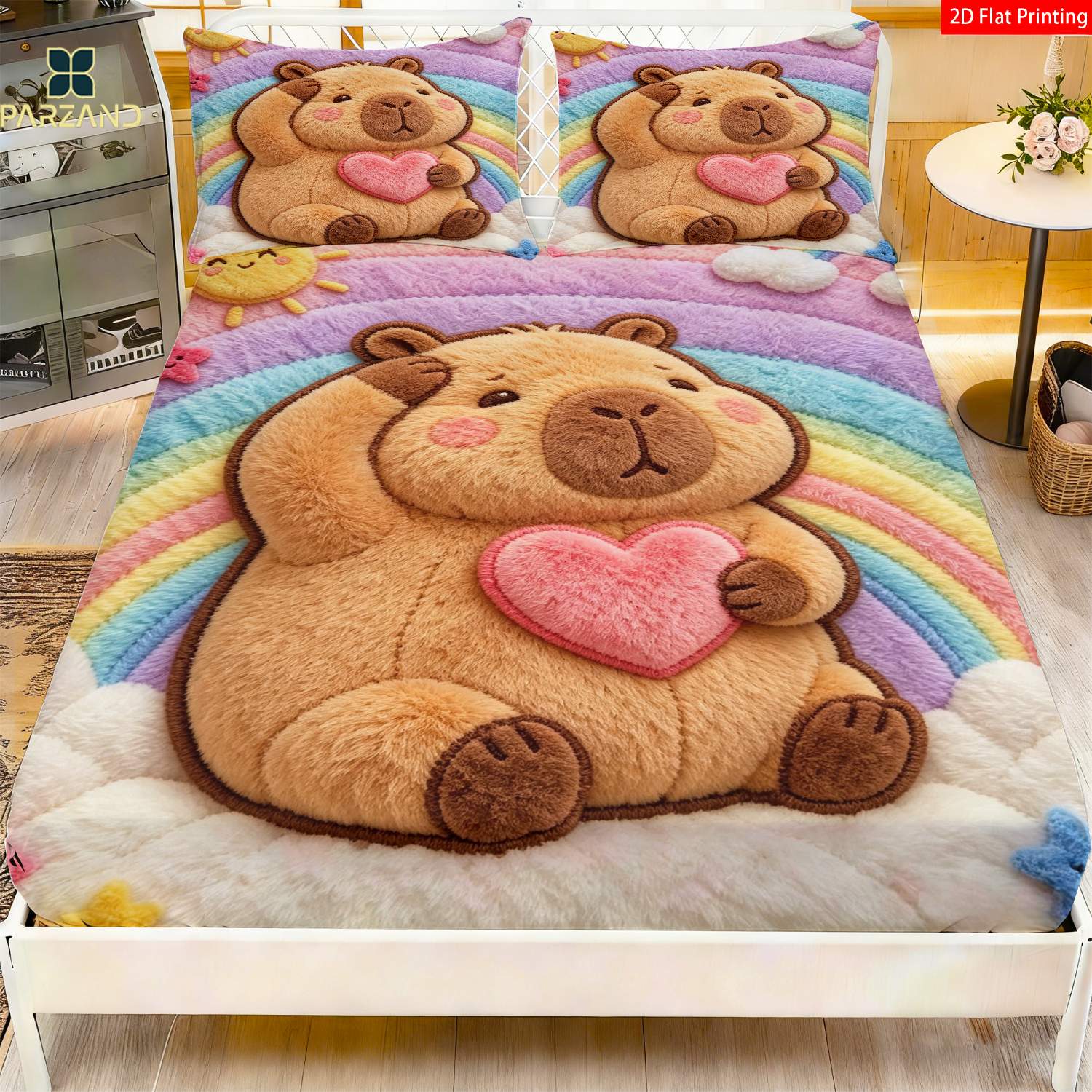 TEMU 2pcs/3pcs Parzand Capybara Bedding Suitable For Bedroom Decoration - Capybara Print Fitted Sheet & Pillowcases, Pink Capybara Bed Sheets, Room