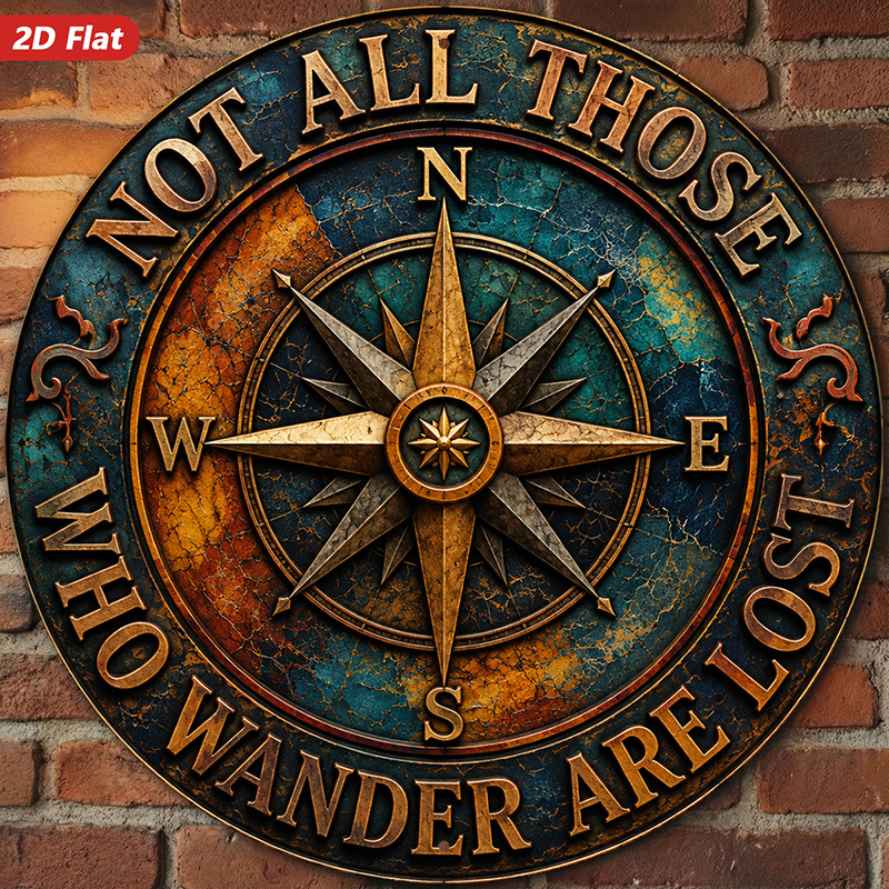 TEMU 2d Flat, 1pc Compass Quote Round Metal Sign Wall Art, Home Decor, Not Who Wander Are Lost, Vintage , Perfect For Living Room , Weatherproof For