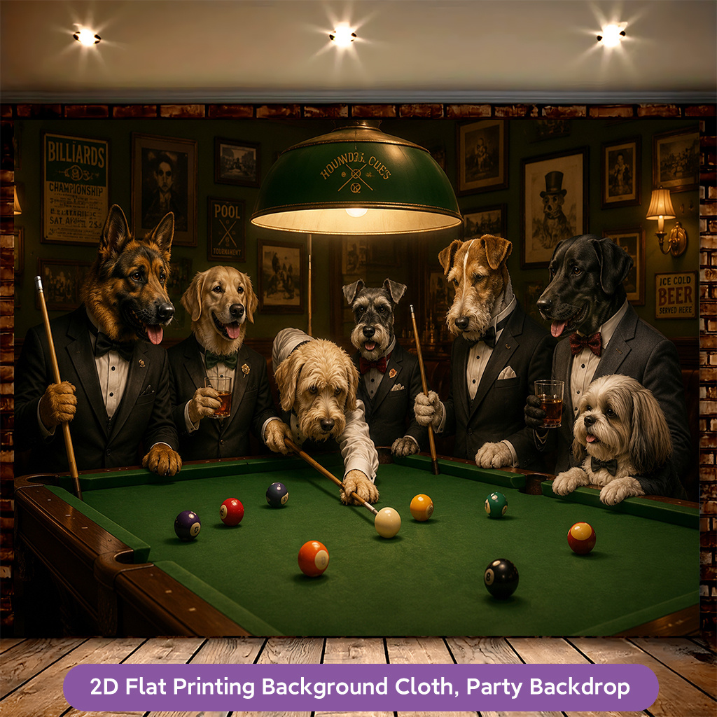 Stylish Dogs Playing Pool 2D Flat Banner Backdrop for Living Room