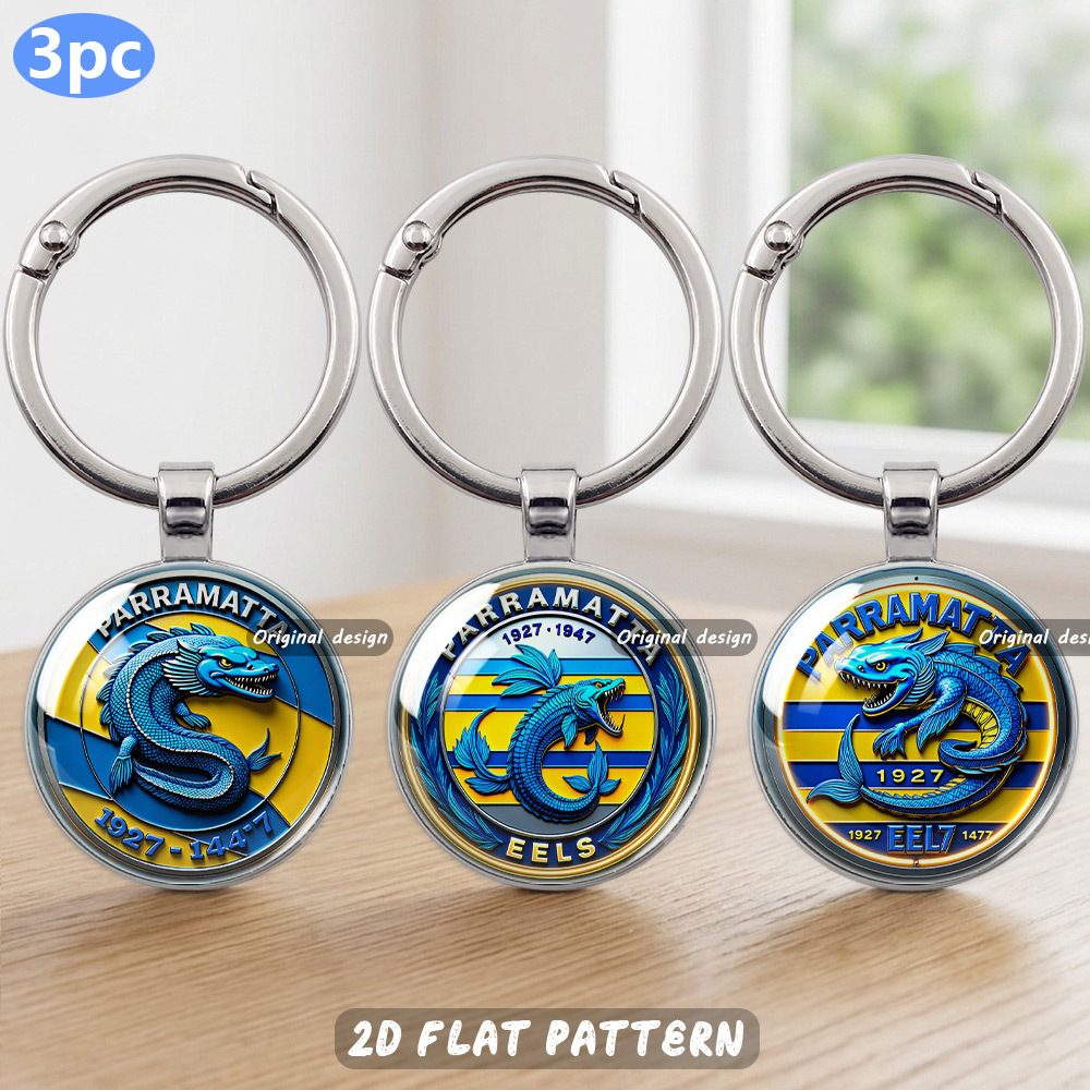 TEMU 2d Flat, 2d Flat - 2d Flat 3pcs Keychain Set, Paramatta Eel Logo Keychain Style, Featuring A Blue And Yellow Striped Background With A Eel
