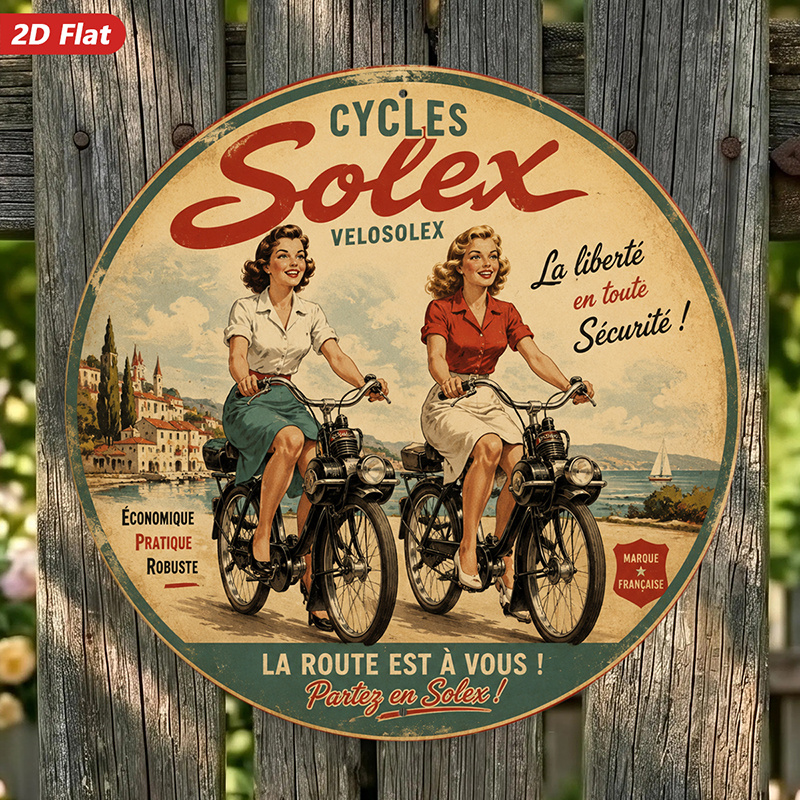 TEMU 2d Flat, 1pc Vintage Cycling Poster Round Metal Sign Wall Art, Solex Script Lettering, Ideal For Garden Entryway, 2 Women Riding Bicycles,