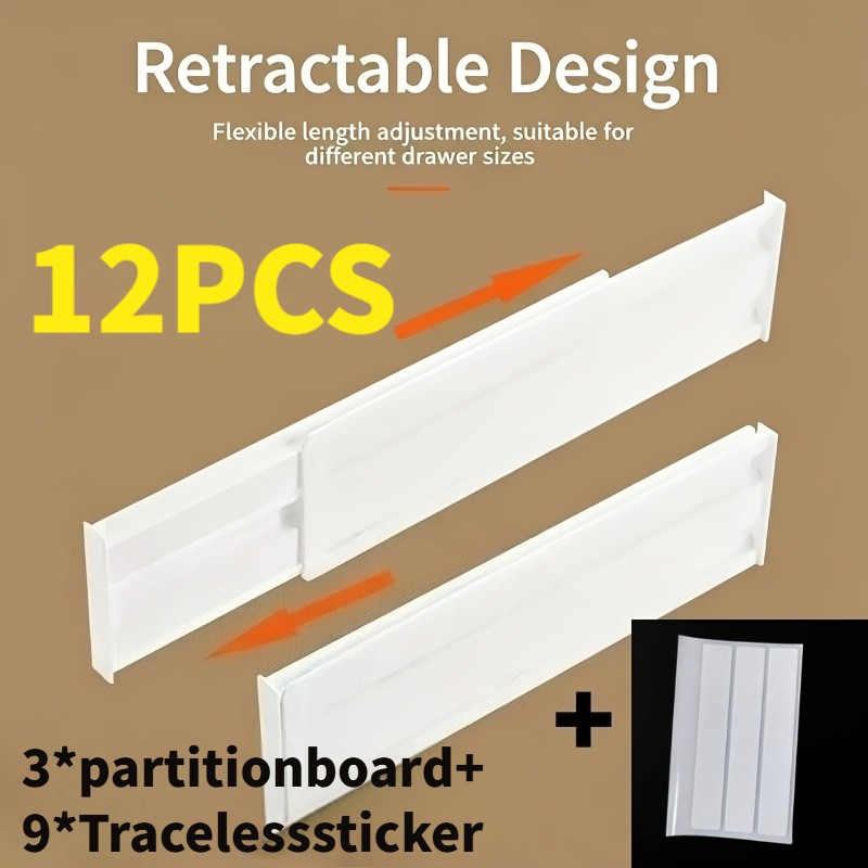 TEMU 12pcs Adjustable Drawer Dividers, 3 Dividers + 9 Damage-free Adhesive Pads, No-drill Heavy-duty Plastic, For Kitchen Utensils/desk/wardrobe