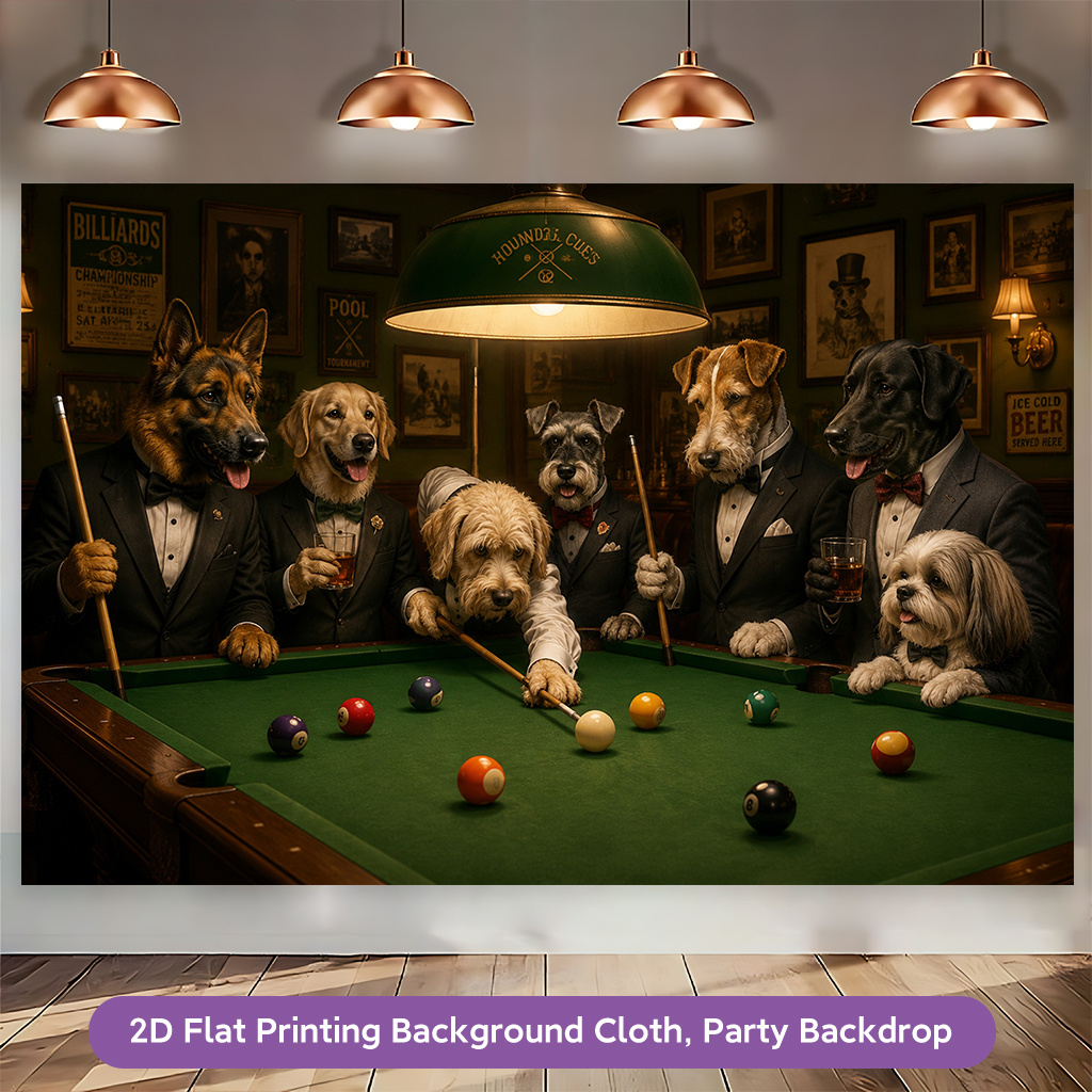 Stylish Dogs Playing Pool 2D Flat Banner Backdrop for Living Room