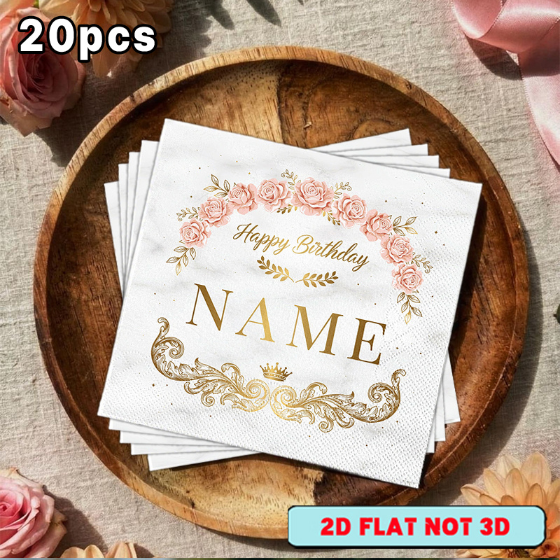 TEMU [2d Flat] 20pcs Custom Napkins, With Pink Roses Happy Birthday Name , Suitable For Party Paper, Outdoor For Party Paper, Western Restaurant