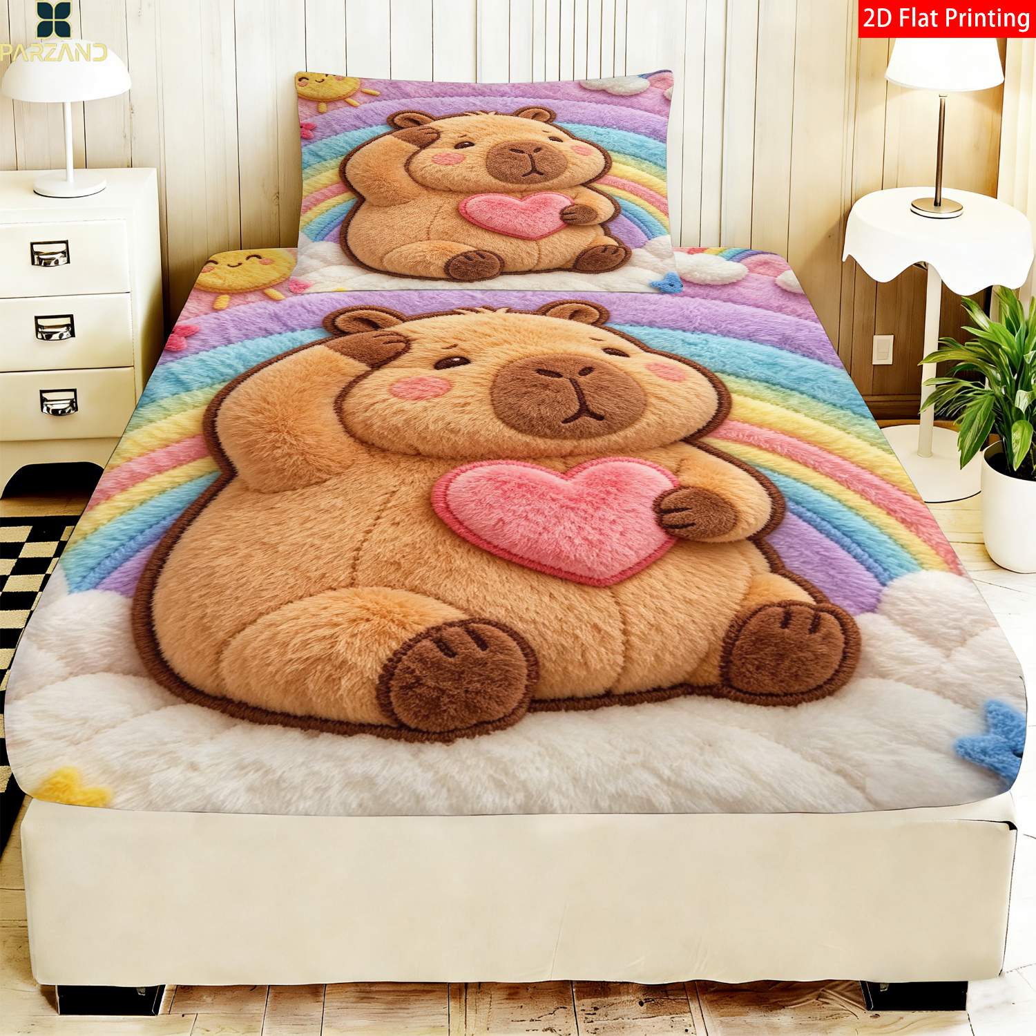 TEMU Parure de drap-housse 2/3 pièces avec impression 2D à plat, motif capybara tenant un cœur rose, pour décoration de chambre (1 drap-housse + 1/2