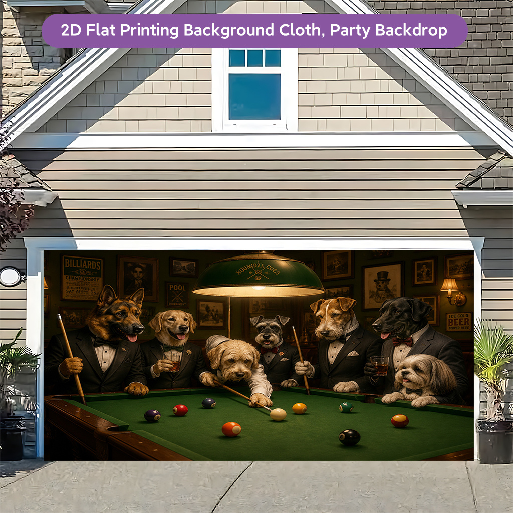 Stylish Dogs Playing Pool 2D Flat Banner Backdrop for Living Room