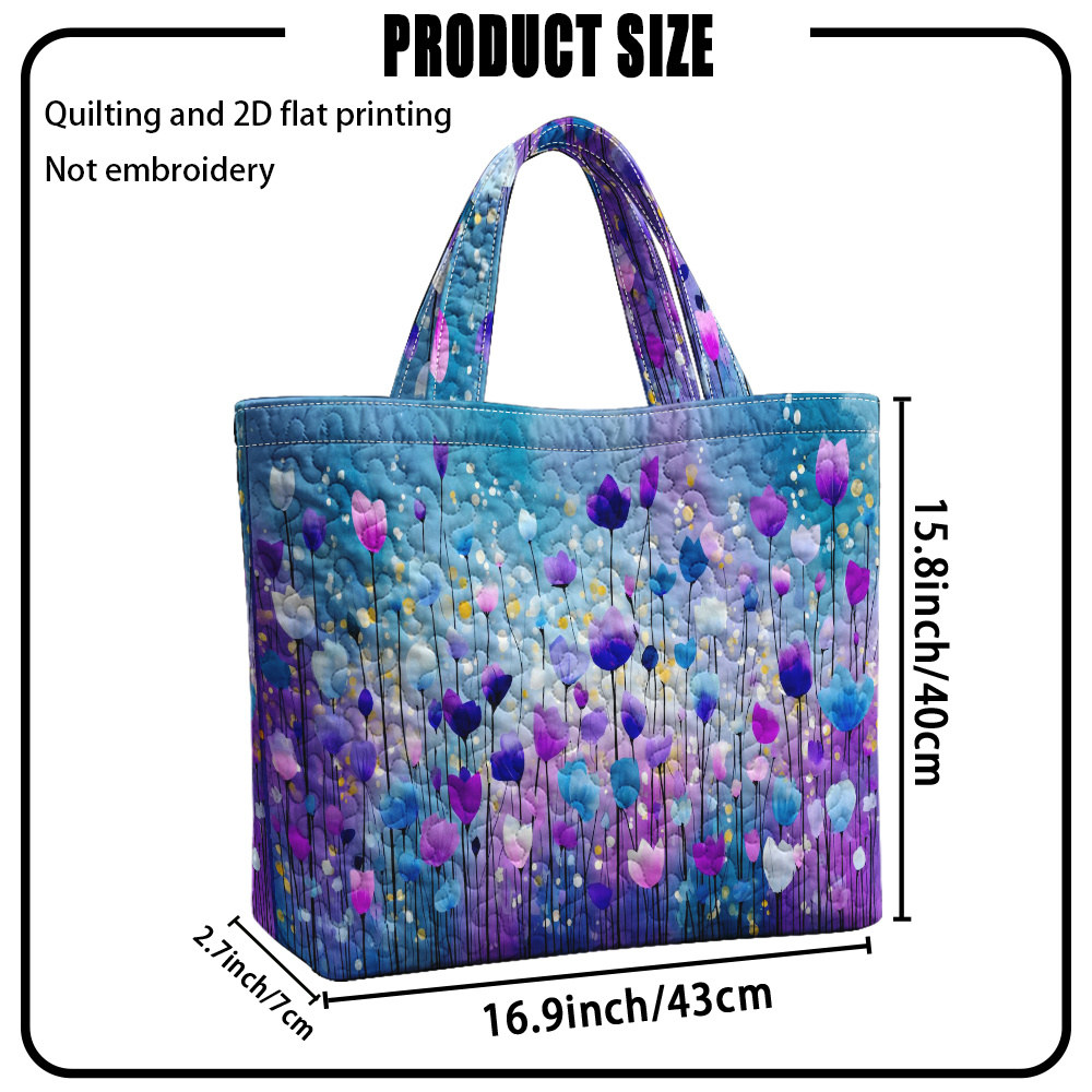 TEMU 1pc Reusable Grocery Bags,quilting And 2d Flat Printing Colorful With Purple Flowers Pattern Quilted Large Capacity Tote Bag, Portable Travel