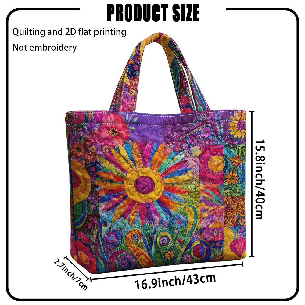 TEMU 1pc Reusable Grocery Bags, Quilting And 2d Flat Printing Colorful Floral Pattern Quilted Large Capacity Tote Bag, Fashion Ladies Travel Handbag