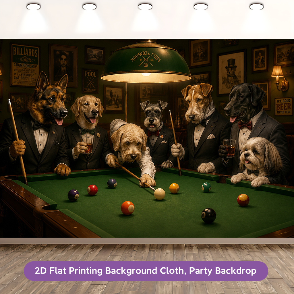 Stylish Dogs Playing Pool 2D Flat Banner Backdrop for Living Room
