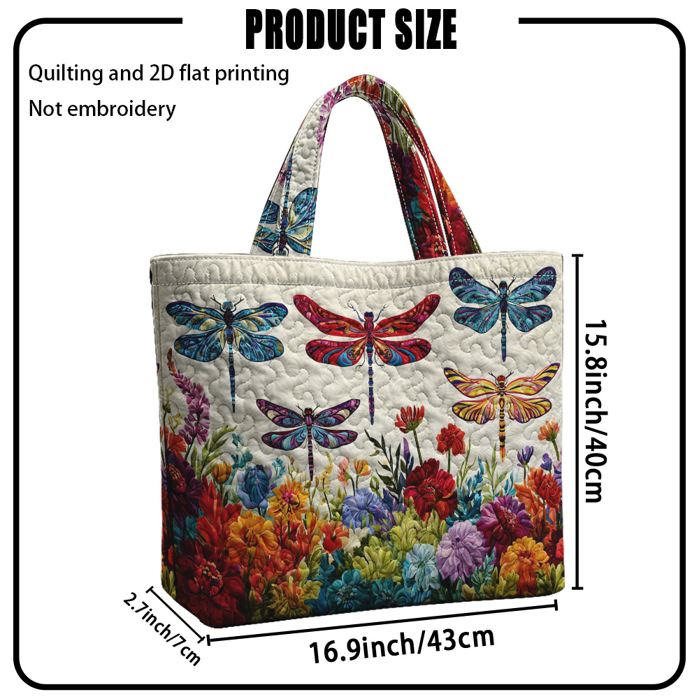 TEMU 1 sac d'épicerie réutilisable, patchwork et impression 2D colorée de libellules et de fleurs, grand sac fourré de grande capacité, sac de voyage