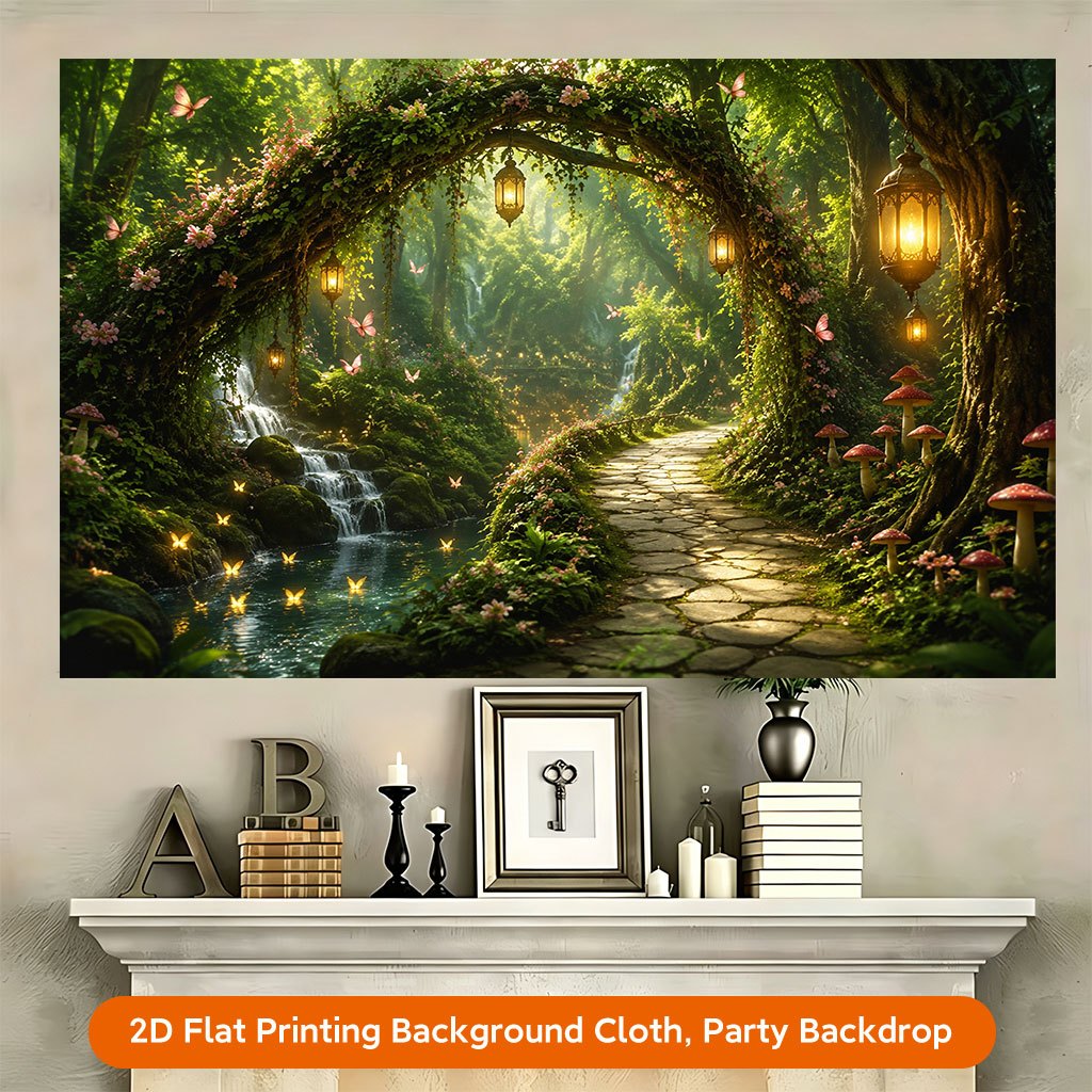 2D Flat Serene Path with Magical Lights Backdrop Banner
