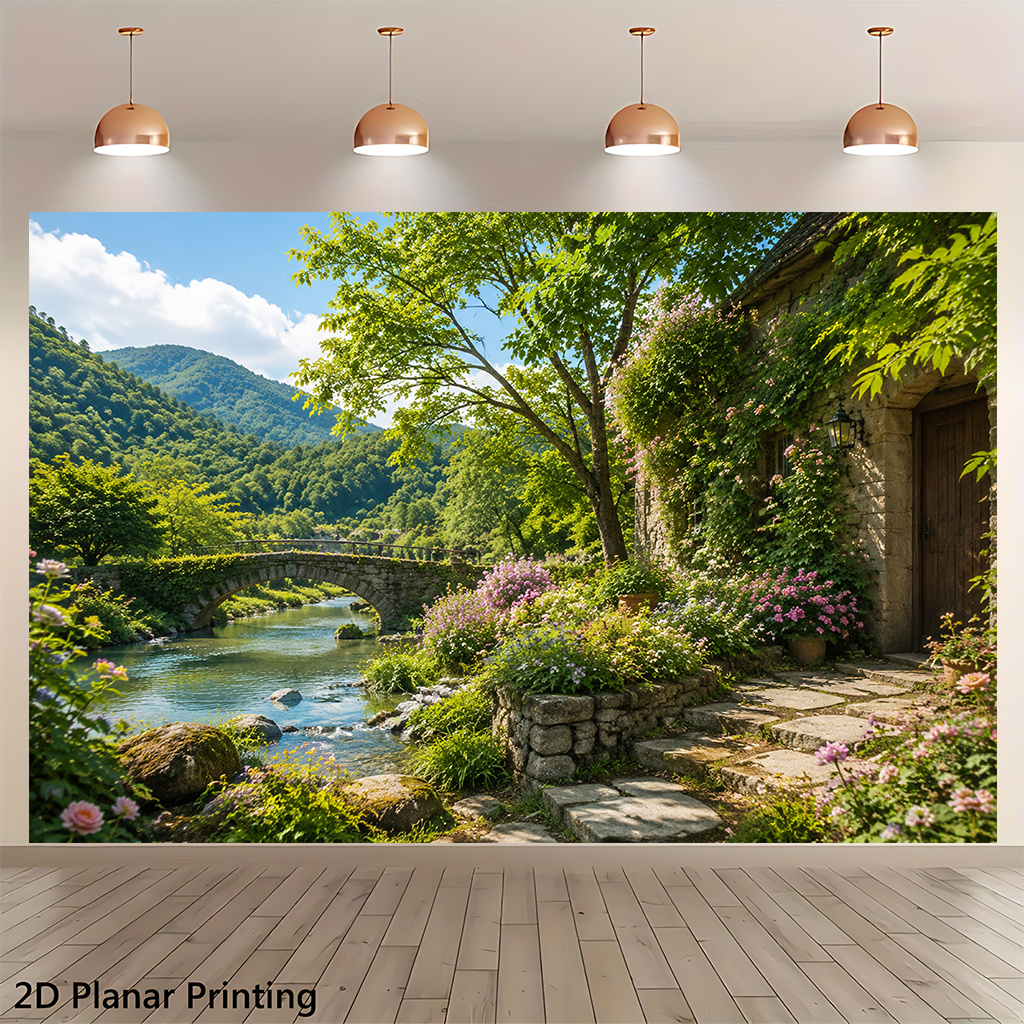 TEMU 2d Flat, 2d Flat - 2d Flat, 2d Flat - 2d Flat Banner 1pc, Quiet Countryside Stone Bridge, Suitable For Living Rooms, Party Venues, Youth Rooms,