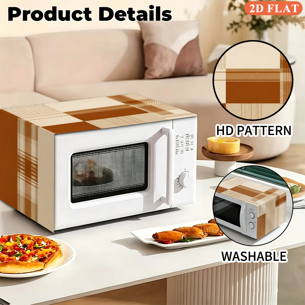 TEMU 2d Flat 1pc, Brown White Geometric Lines, Microwave Oven Dust Cover, Single-sided Printed Design Kitchen Appliance Dust Cover, Polyester