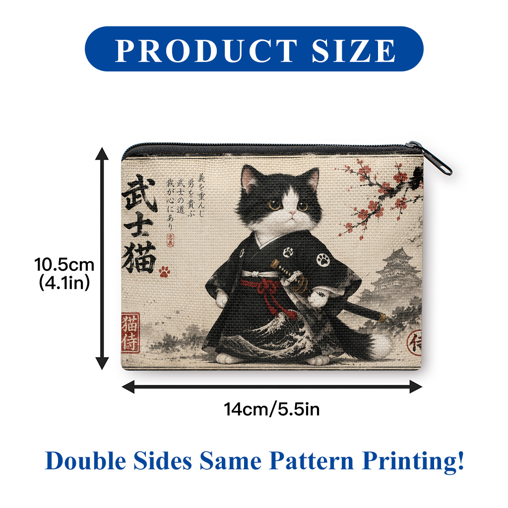 TEMU 侍猫 財布＆小銭入れ - ミニウォレット 両面プリントポケット 侍猫デザイン 軽量 丈夫 手洗い可能 旅行 日常使い 男女兼用