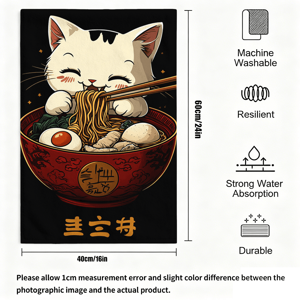 TEMU 2pcs Home Decor Towel Set 2d Flat, Cat Eating Noodles Towels For Cooking Baking, Dish Cloths, Scouring Pads, Hand Towels, Super Soft High