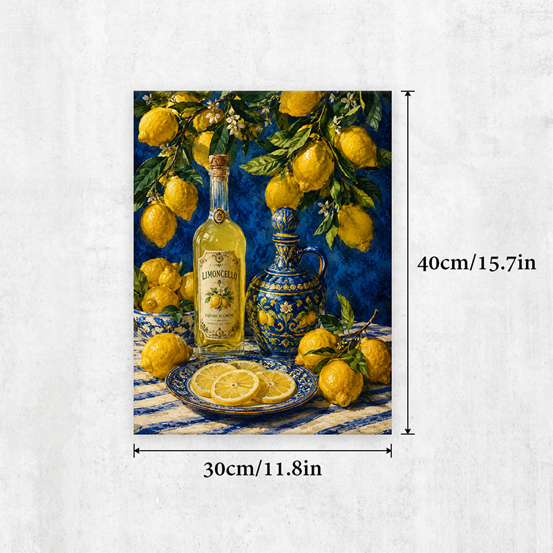 TEMU 2d Flat, 1pc Mediterranean Lemon-themed Framed Canvas Poster - Vertical Wood Frame Wall With Ceramic Pottery Motif & Floral Lemon Decor Suitable