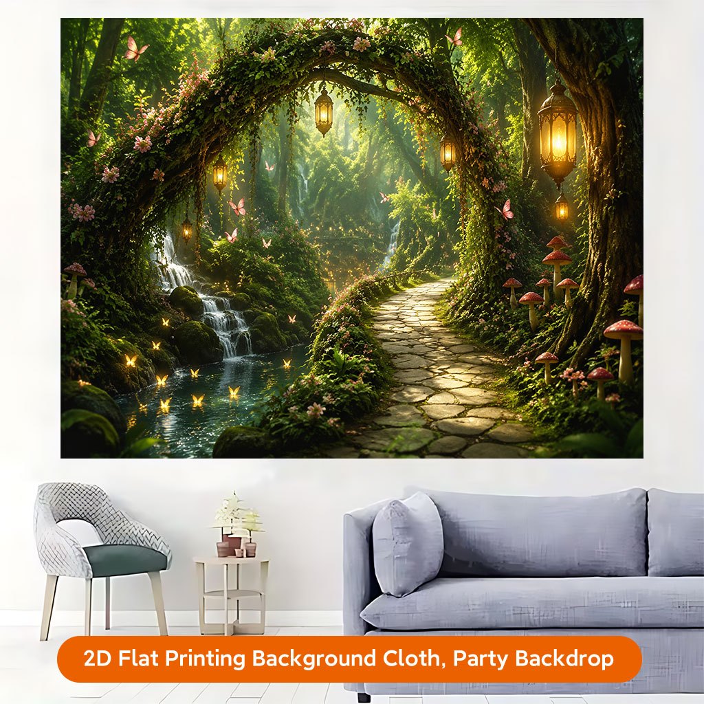 2D Flat Serene Path with Magical Lights Backdrop Banner