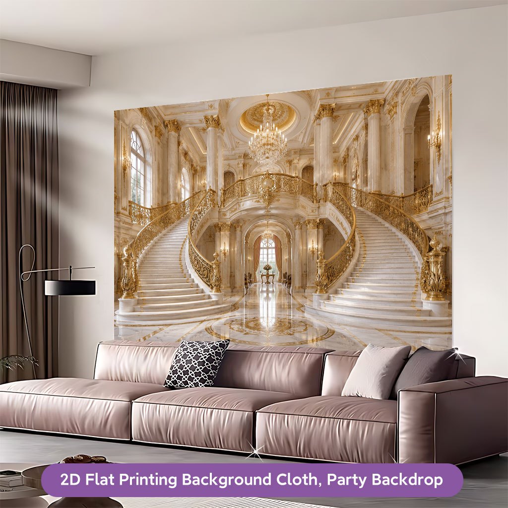 Grand Luxurious Golden Staircase Hall Background Cloth Banner