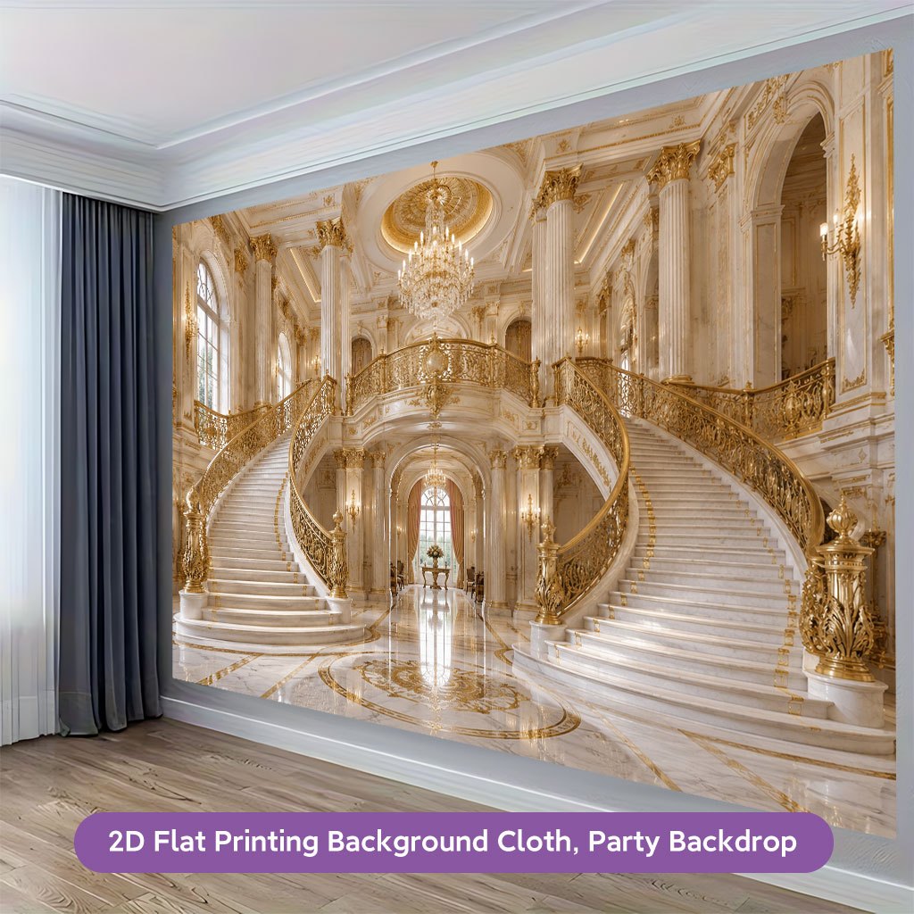 Grand Luxurious Golden Staircase Hall Background Cloth Banner