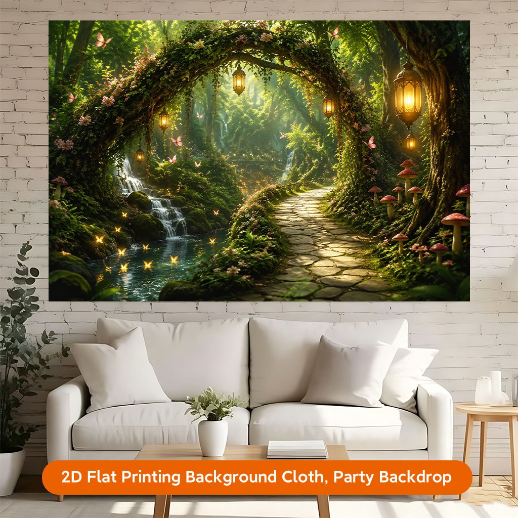 2D Flat Serene Path with Magical Lights Backdrop Banner