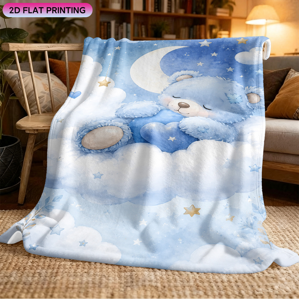 TEMU 1pc Blanket, Blue Bear Sweet Sleep Cloud, Winter Fleece Blanket, Soft Hd , Nap Blanket, Soft Warm Gift Fleece Blanket, Suitable For Camping,