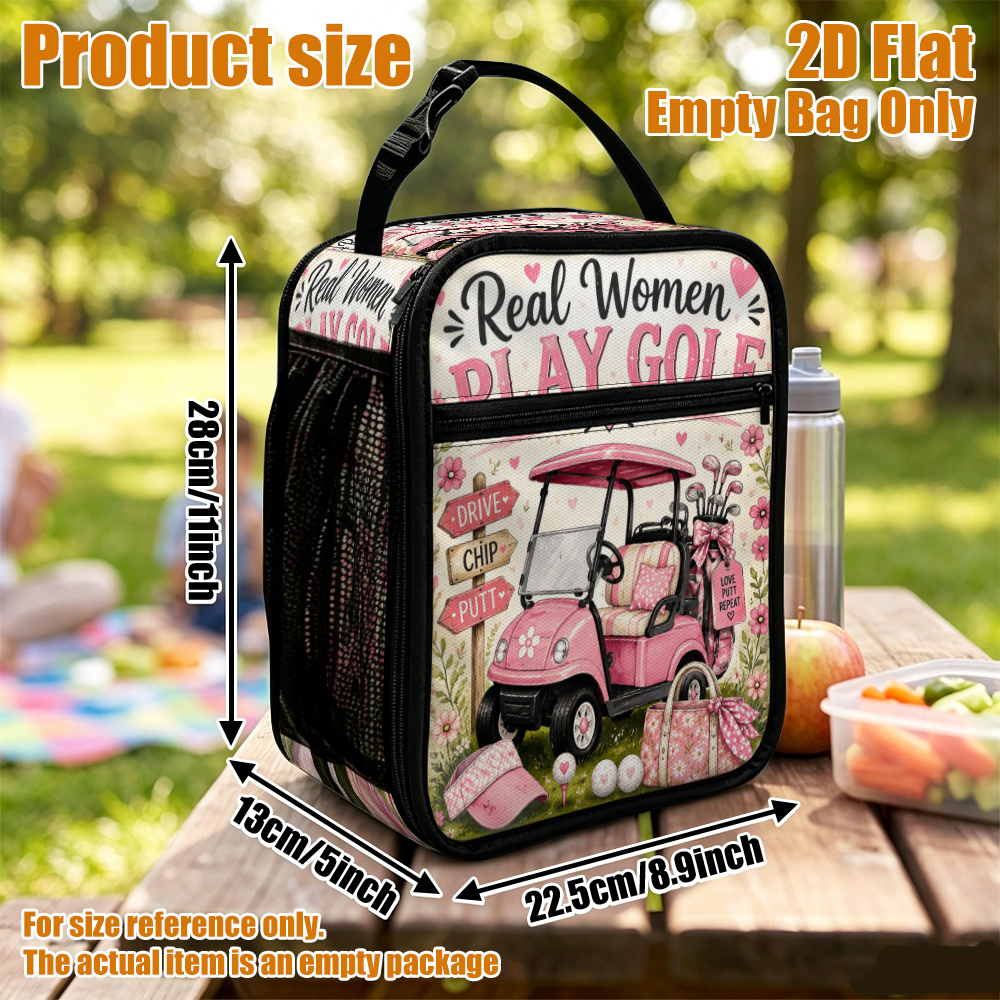 TEMU 2d Flat, 1pc Women Golfing With Pink Cart Insulated Lunch Bag, Portable Reusable Cooler Tote, (non-food Contact) Home, In Restaurants, Or At The