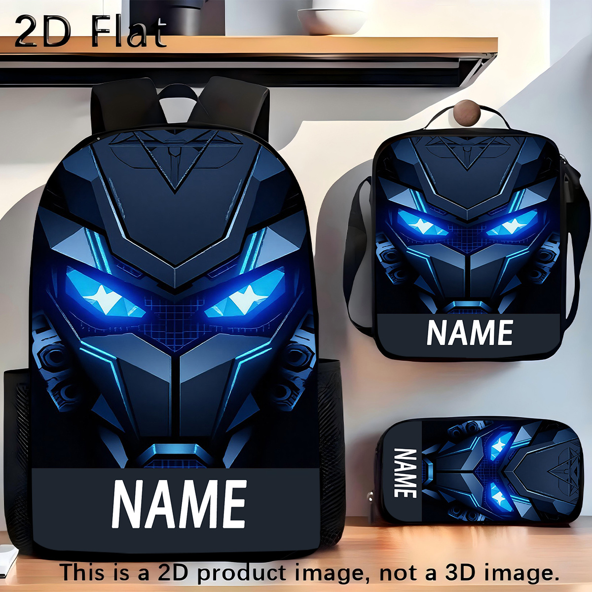 TEMU Ensemble de 3 pièces sac à dos unisexe grande style tête de robot avec personnalisation de imprimé. Le lot de 3 pièces un sac à dos, une trousse