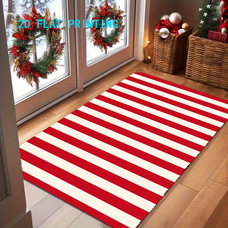 TEMU 1pc Pack, 2d Flat Printing, Christmas-style Red And White Horizontal Stripe Entrance Mat, Non-slip Machine-washable Easy-to-clean Polyester Mat,