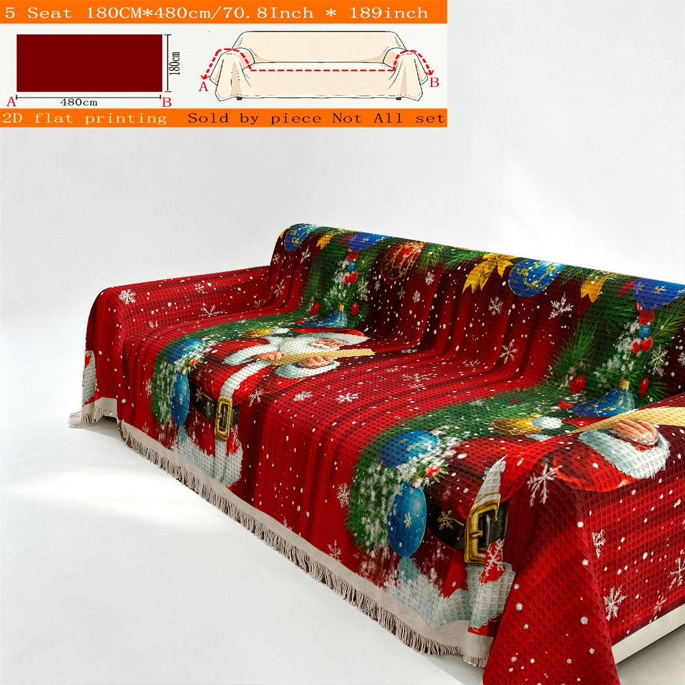 TEMU 1pc 2d Flat Printing Christmas Theme Santa Claus Pattern Waffle Sofa Towel, Universal Sofa Pad -one Sofa Cover With Tassels, Sofa Protector,