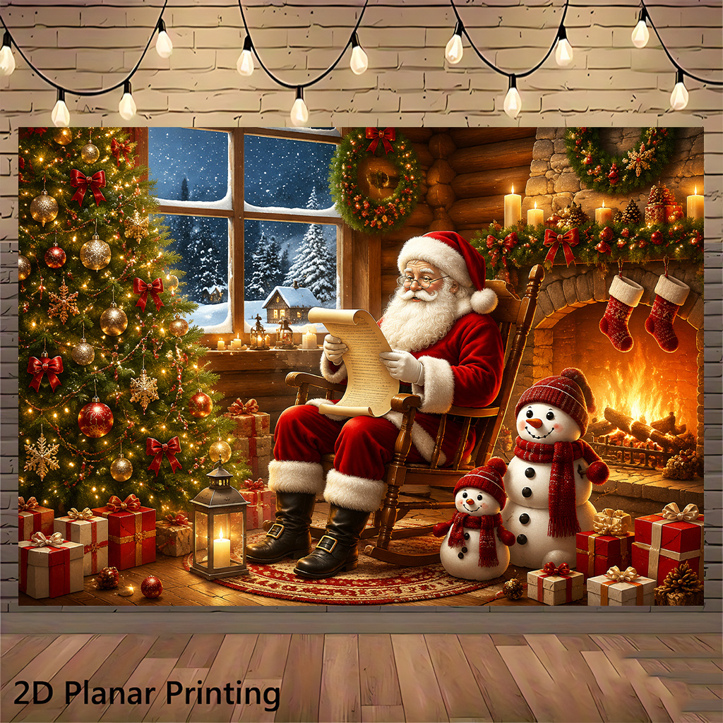 TEMU 2d Flat, 1pc Suitable For Party Photos, Christmas Winter Themed Backdrop Banner With Santa Claus Fireplace Scene - Decoration For Birthdays,