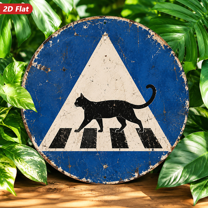 TEMU 2d Flat, 1pc Black Cat Crossing Round Metal Sign Wall Art, Silhouette Feline, Suitable For Studio Entryway Office, White Triangle Motif, Rustic