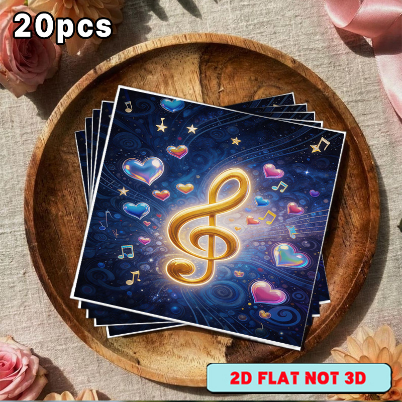 TEMU [2d Flat] 20pcs Napkin, With Golden Treble Clef With Hearts & Music Notes , Suitable For Party Paper, Outdoor Party Paper, Western Restaurant