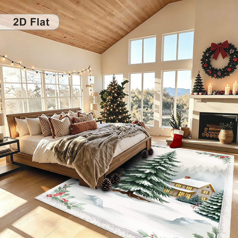 2d flat 1pc christmas vintage retro area rug white green christmas tree house imitation cashmere carpet low pile faded non shedding floor mat for bedroom living room kitchen office   decor
