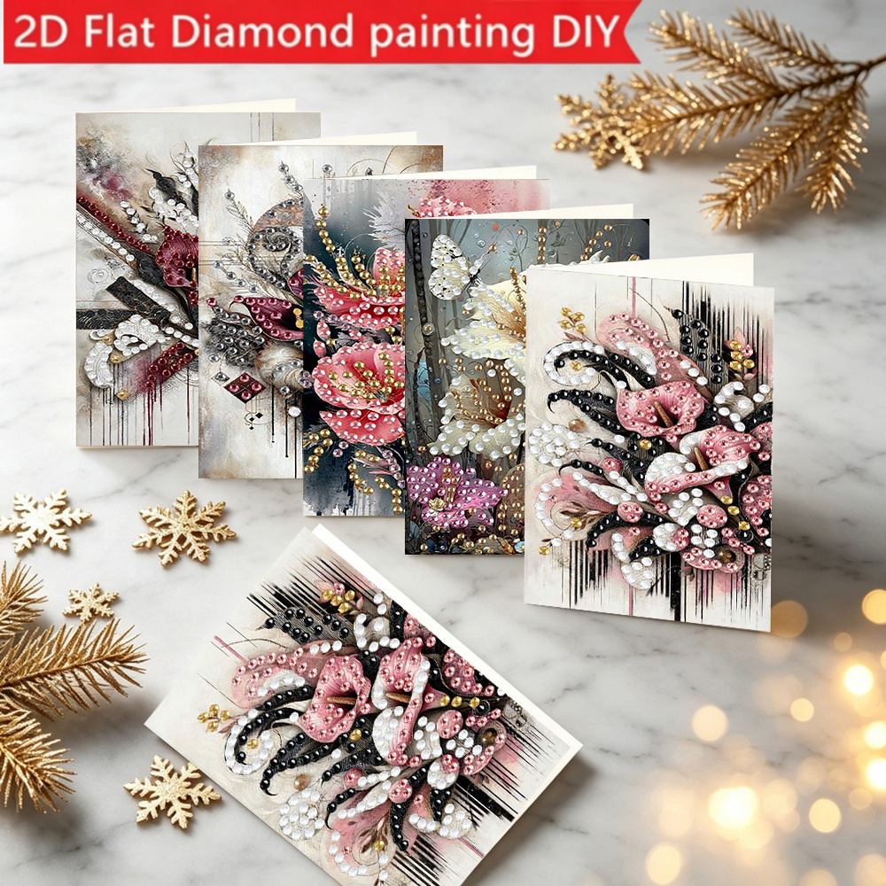 TEMU 6pcs Set Pink And Black Calla Lily Abstract Floral Pattern Diamond Painting Greeting Card Diy Kit, Vintage Light Luxury Ink Wash Floral