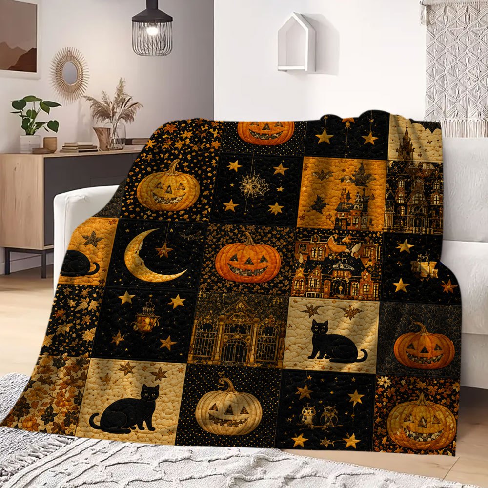 TEMU 1pc Comfortable Flannel Blanket, & Warm, Halloween Pumpkin Black Cat Castle Blanket Perfect For Camping, Sofa, Bed & Office - Versatile Blanket,