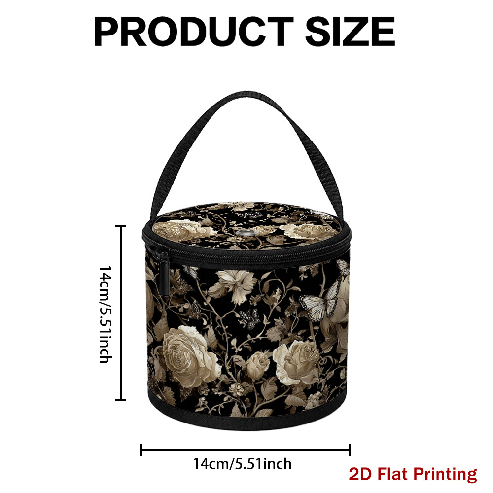 TEMU 1pc Halloween Roses Butterflies Flowers Printed Round Yarn Storage Bin Knitting Bag Organizer For Wool, Crochet Hooks & Sewing Supplies, Hobby
