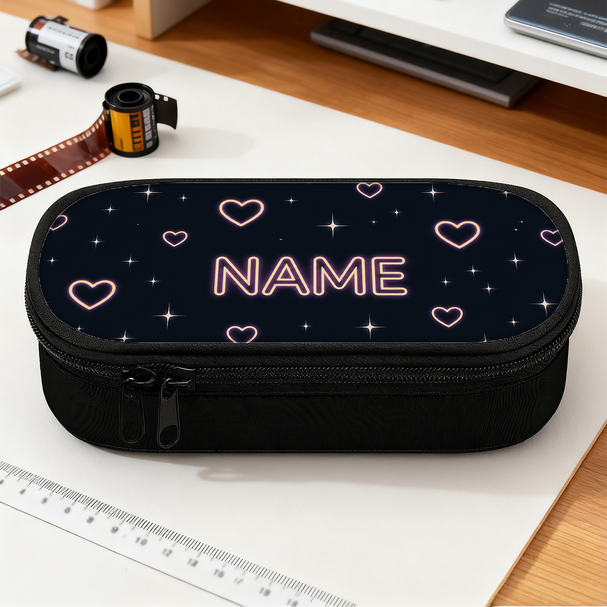 TEMU Customized 1pc Neon Hearts Designed Large Pencil Case With Zippered Compartments, Fashion Personalized Custom Name/text Pencil Pouch With Large