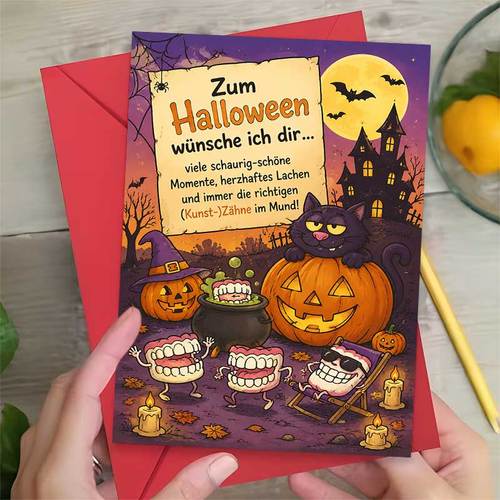 item picture 1pc greeting card and 1pc envelope spooky halloween greeting card funny cat and pumpkins with teeth happy halloween friends halloween themed cartoon style card