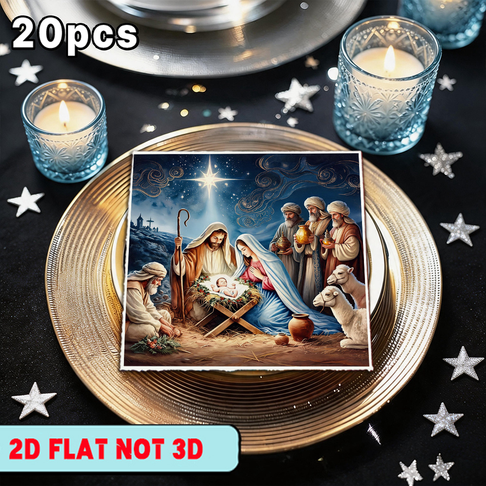 TEMU 20pcs Ysw Nativity Scene Napkins With 3 Wise Men & Design - Suitable For Christmas, Western Restaurants, Parties, Kitchen Use - 2-ply Paper