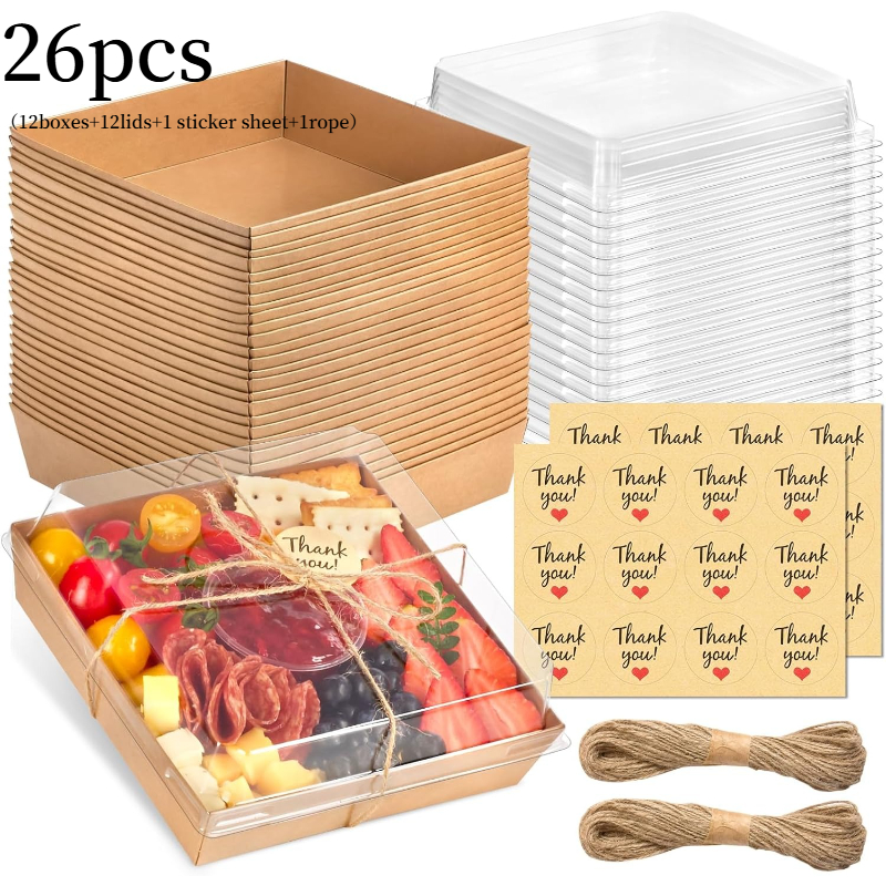 TEMU 26pcs Paper Sausage Box Set With Clear Lids - 12 Boxes + 12 Lids + 1 Sticker Sheet + 1 String, Food Trays, Containers For Desserts, Pies, And