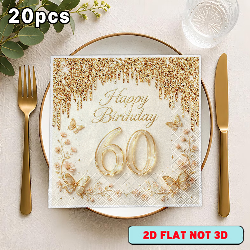 TEMU ["Impression Plate 2D] 20 Serviettes Jetables Double Épaisseur Fleur Papillon Doré Anniversaire 60 Ans, pour Anniversaires et Diverses