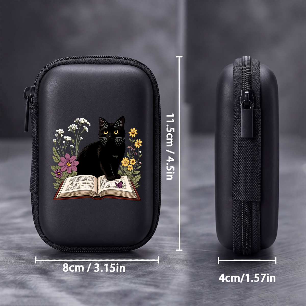 TEMU Black Cat With Flowers And Books Print Eva Hard- 4.3-inch Compact Storage Bag - Durable Protective Travel Organizer For Electronics Additions,
