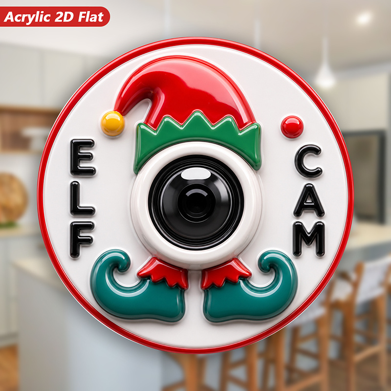 TEMU 2d Flat, 1pc Elf Acrylic Round Magnetic Fridge Magnet, Text, Kitchen Decor, Santa Hat Lens, Collar, Elf Shoes, Red And Scheme, Perfect For Home,