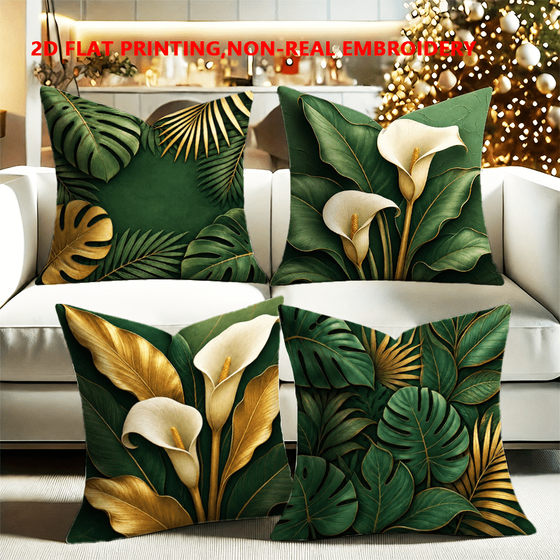 TEMU 2d Flat - 4pcs, 2d Flat Printing, Light Luxury Plant Print Pillowcases, Monstera And Pattern Pillowcases, Green Plant Cushion Covers,
